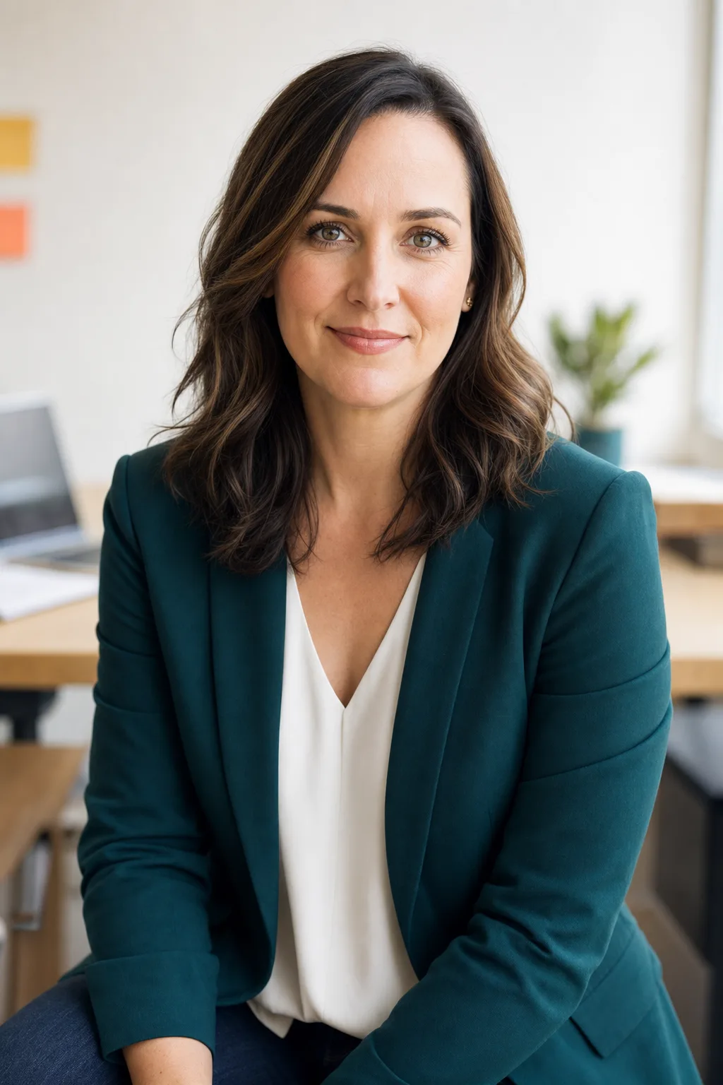 Editorial-style portrait of Caitlin Stewart in a bright office setting.