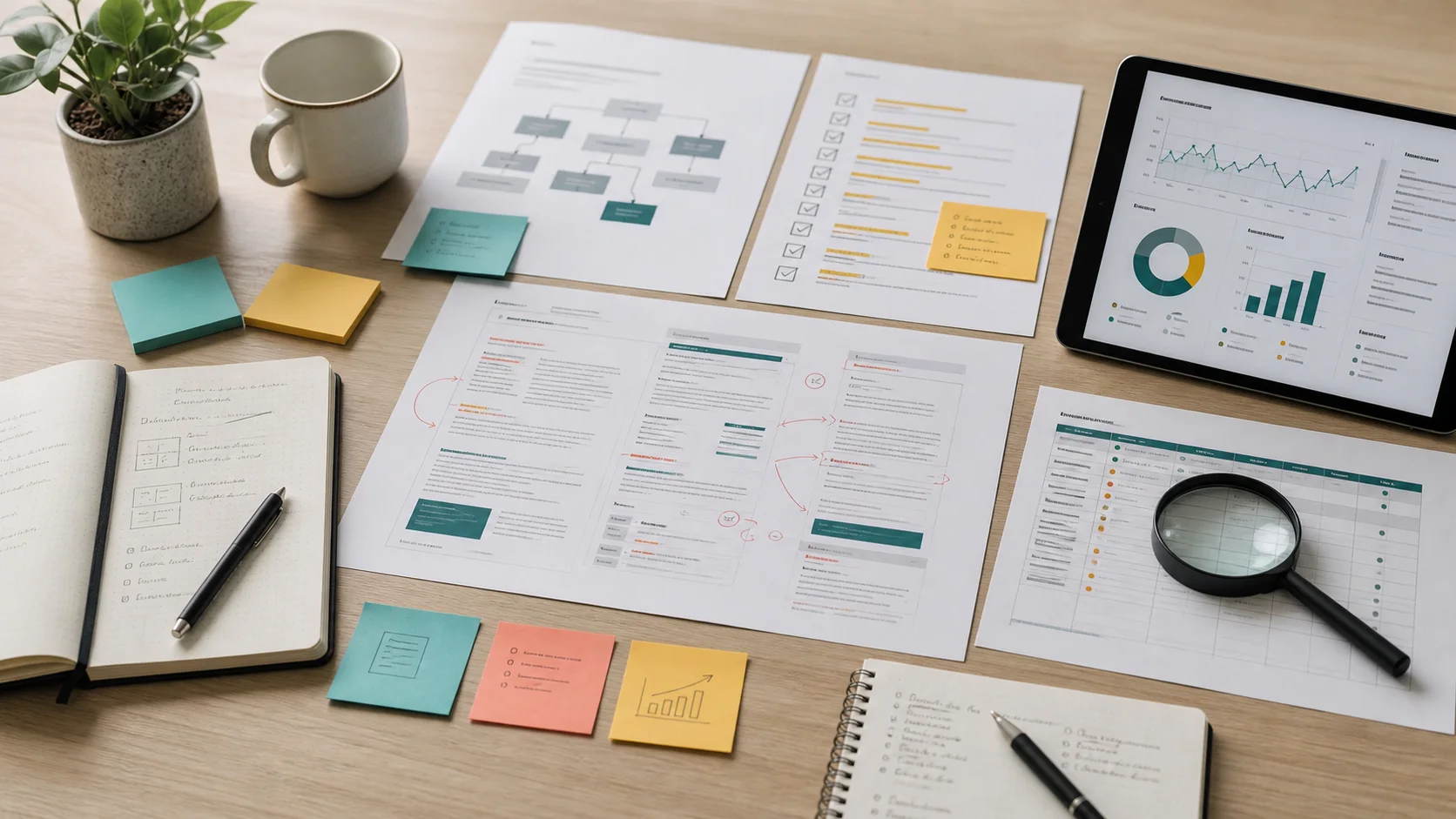 A content refresh planning desk with marked-up pages, checklist sheets, analytics, sticky notes, and an internal linking map.