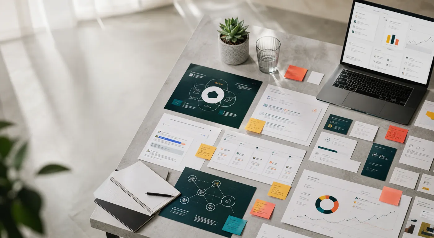 A strategy desk with content briefs, search result sketches, analytics charts, and citation planning notes.
