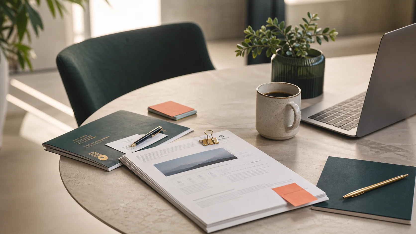 A client discovery table with a draft article packet, creative brief, laptop, coffee, and neatly arranged consulting materials.