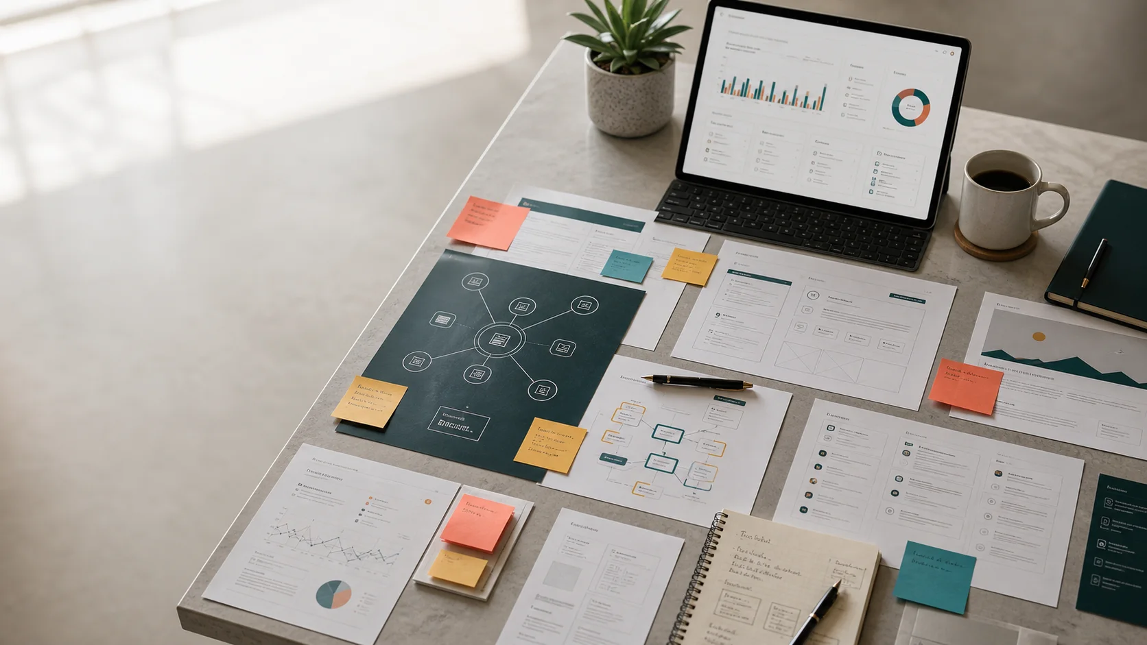 A strategy desk with website wireframes, analytics charts, citation mapping notes, and AI visibility planning materials.