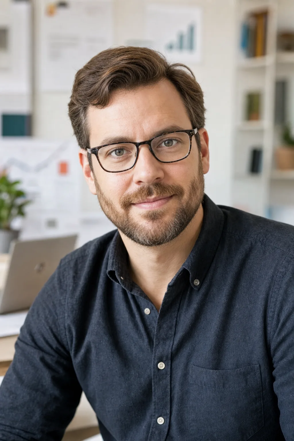Editorial-style portrait of Stephen Rogers in a bright editorial workspace.